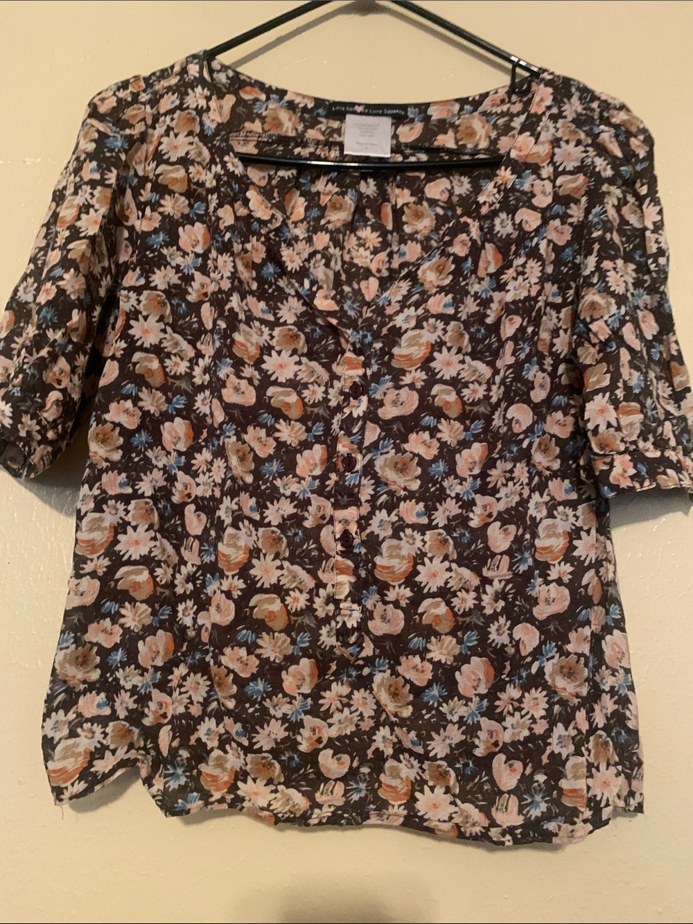 Love Squared Brown Floral Button-Front Blouse with Blue & Cream Accents (S)